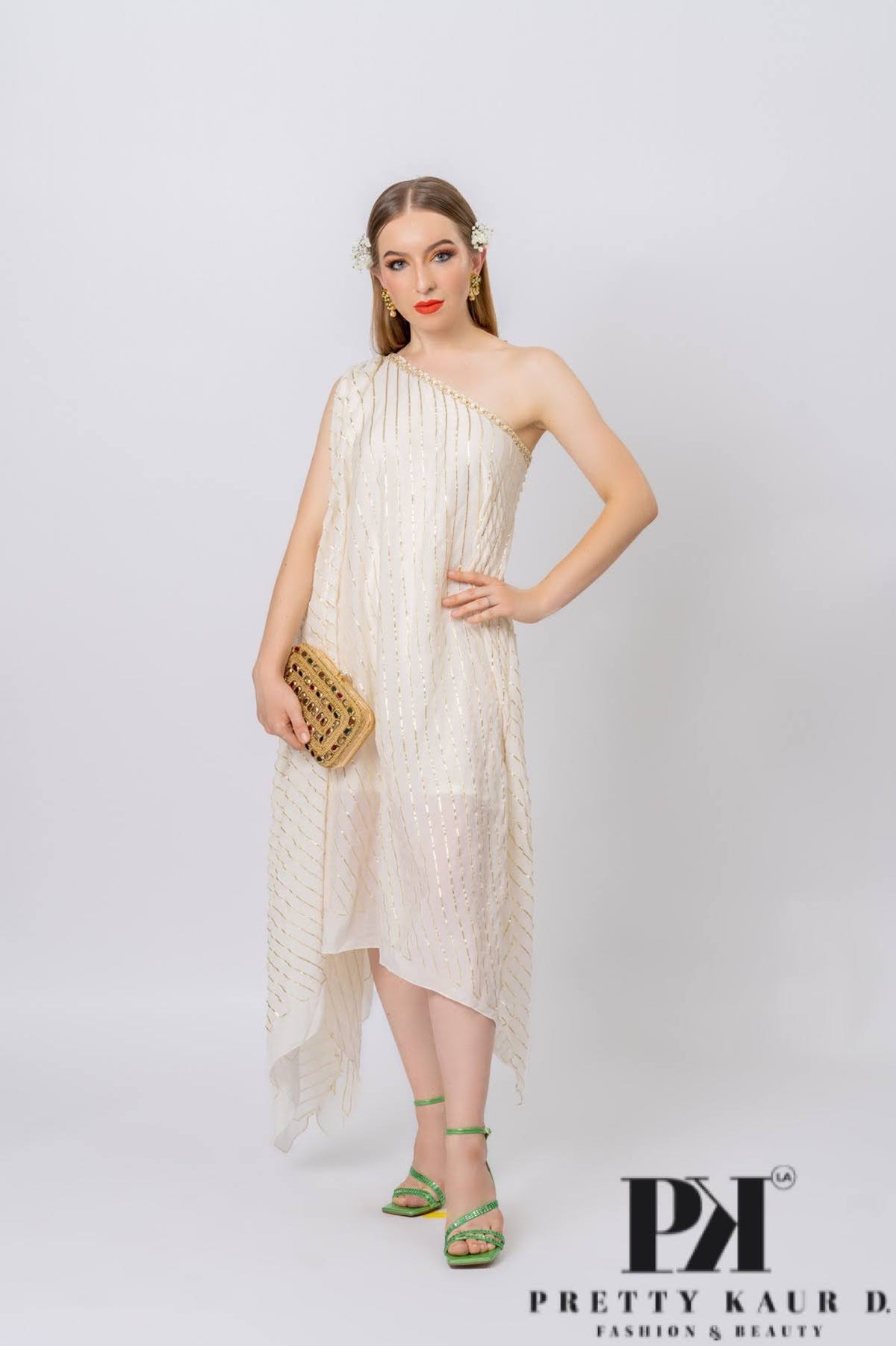 Pretty-Kaur-fashion-beauty-White-Off Shoulder-Gold-Lurex-Stripes-Dress-1